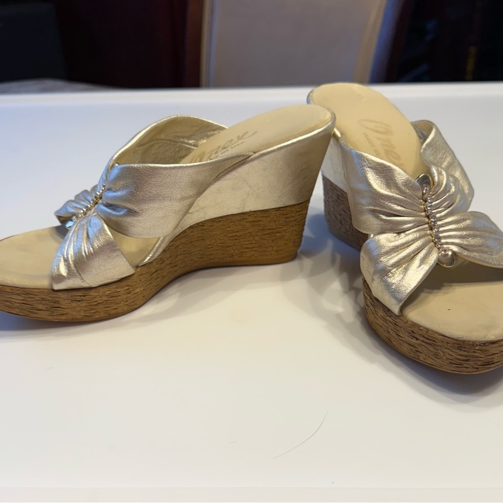 Gold and Tan Wedge Sandals with Jeweled Gathered Strap